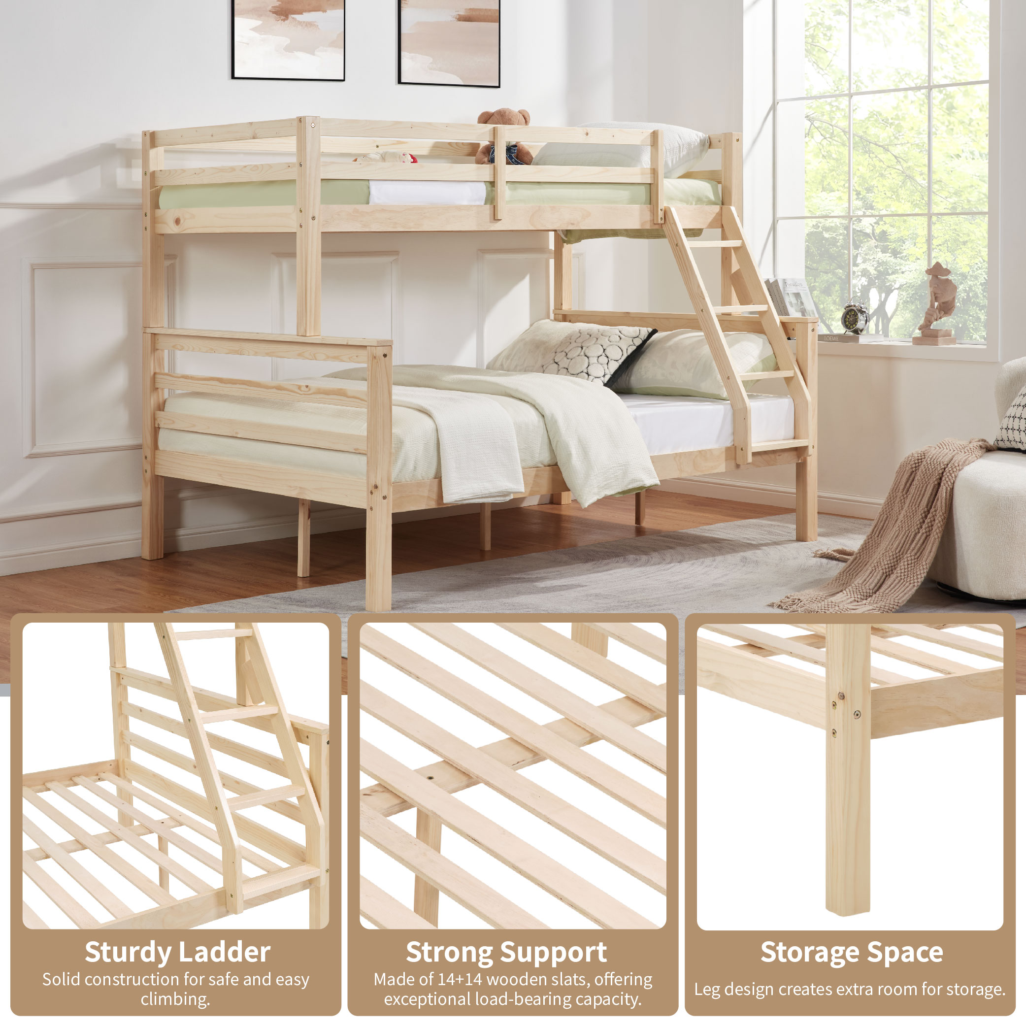 Twin over Full Bunk Bed with Thick Posts,Wooden Bunk Bed with High Guardrail and Ladder for Kids, Teens, Dorm Rooms, and Guest Rooms,No Box Spring Needed,Natural Twin over Full Bunk Bed with Thick Posts,Wooden Bunk Bed with High Guardrail and Ladder for Kids, Teens, Dorm Rooms, and Guest Rooms,No Box Spring Needed,Natural